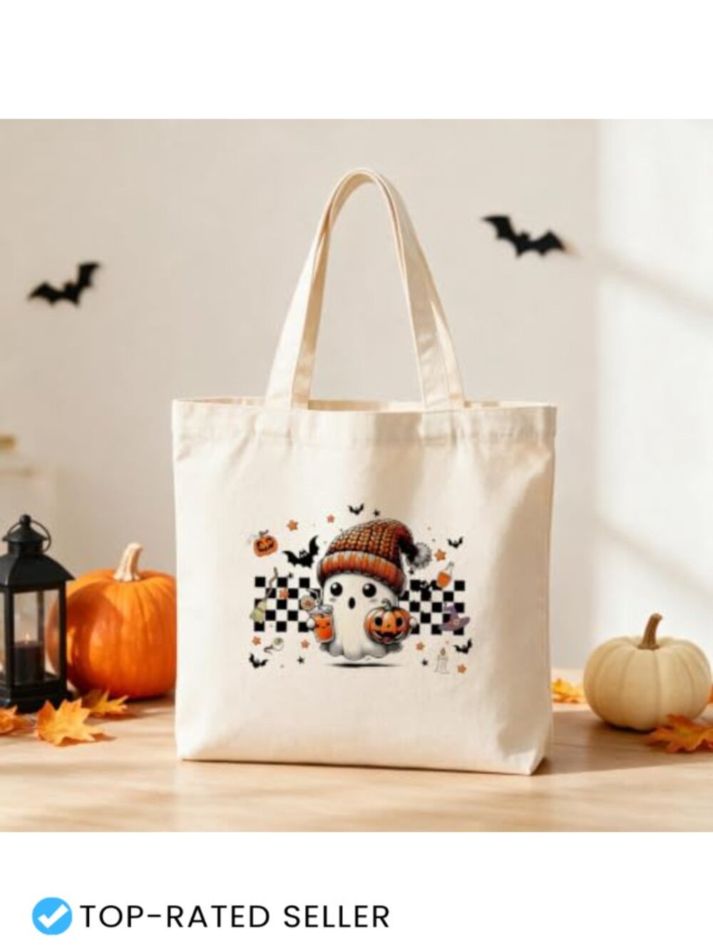 Halloween Ghost Canvas Tote Bag for Trick or Treating, Reusable Fall Gift